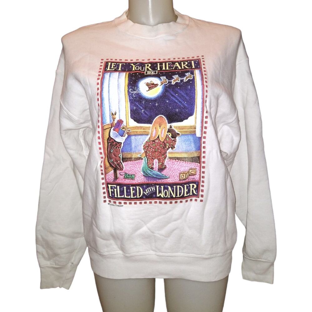 Vintage 90s Christmas Sweatshirt Laura Trayser Bunny Santa Sleigh Crewneck L/XL